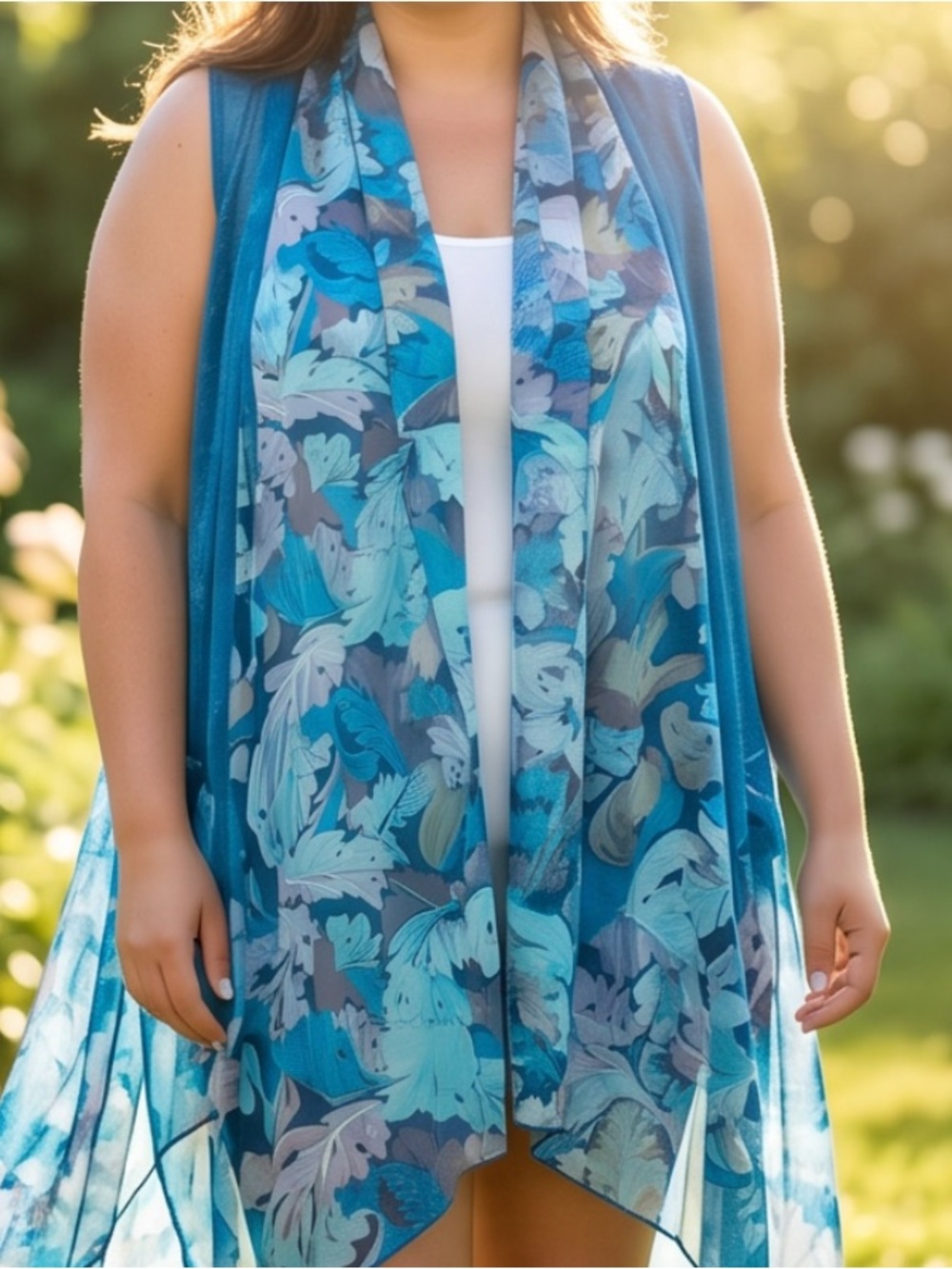 Elegant Blue and Cream Floral Summer Vest with Sheer Design